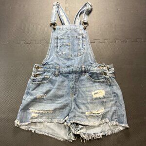 Distressed Light Wash Denim Short Overalls With Adjustable Straps Frayed Hem & P